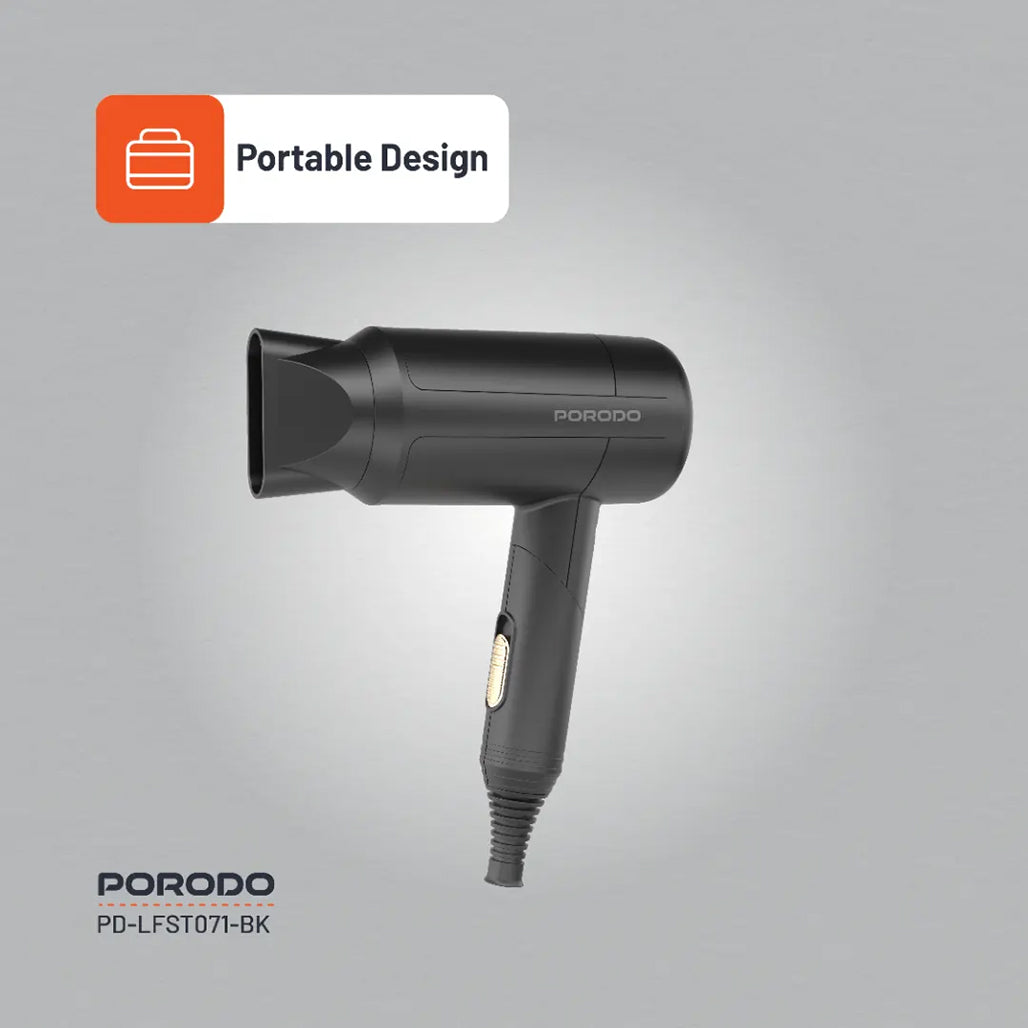 A Photo Of Porodo Lifestyle 1200W Foldable Hair Dryer 1.8M Cable - Black