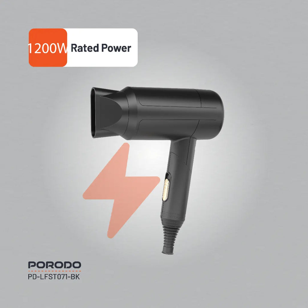 A Photo Of Porodo Lifestyle 1200W Foldable Hair Dryer 1.8M Cable - Black