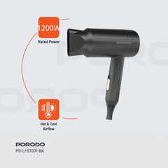 A Photo Of Porodo Lifestyle 1200W Foldable Hair Dryer 1.8M Cable - Black
