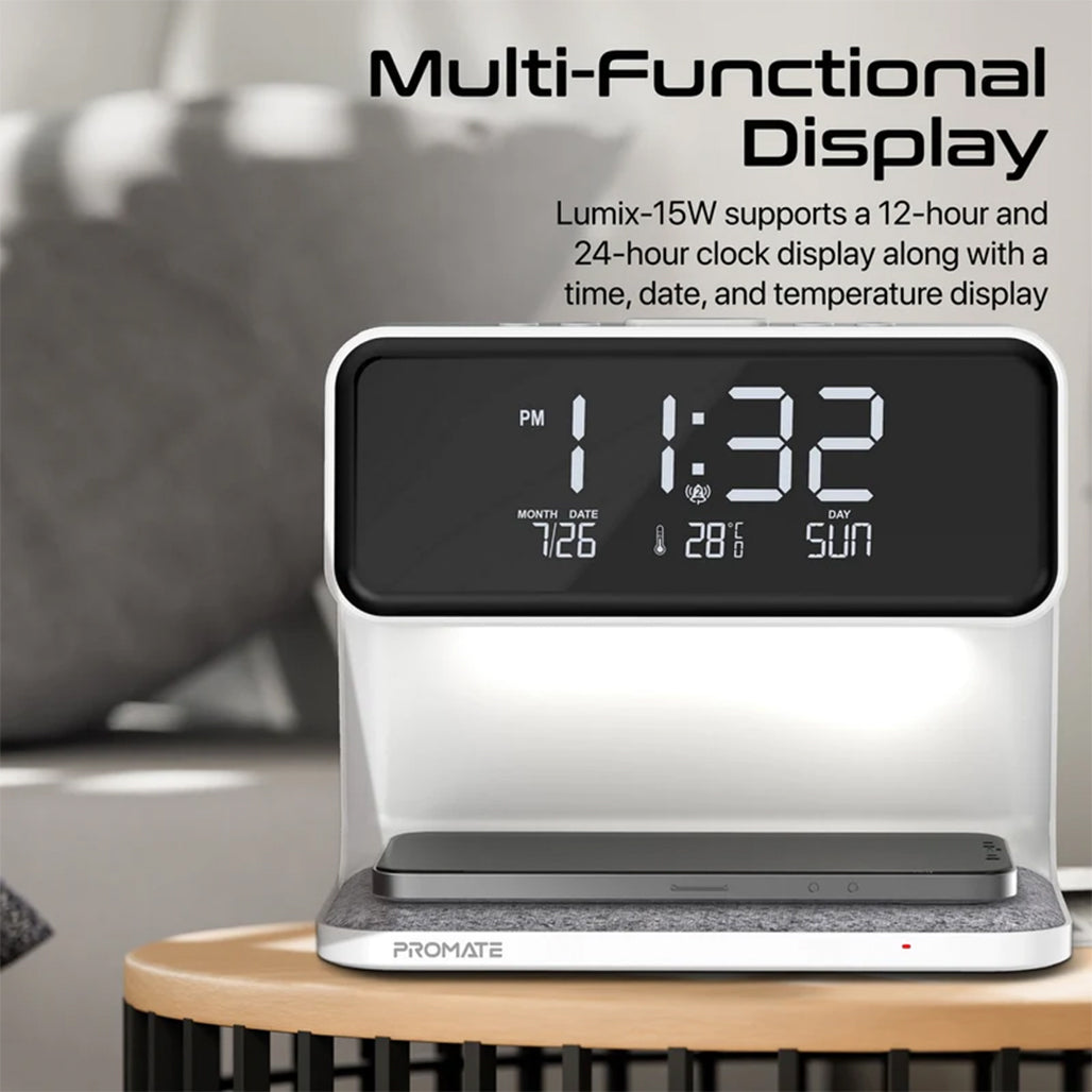 A Photo Of Promate Lumix-15W Multi-Function LED Alarm Clock with 15W Wireless Charger