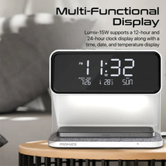 A Photo Of Promate Lumix-15W Multi-Function LED Alarm Clock with 15W Wireless Charger