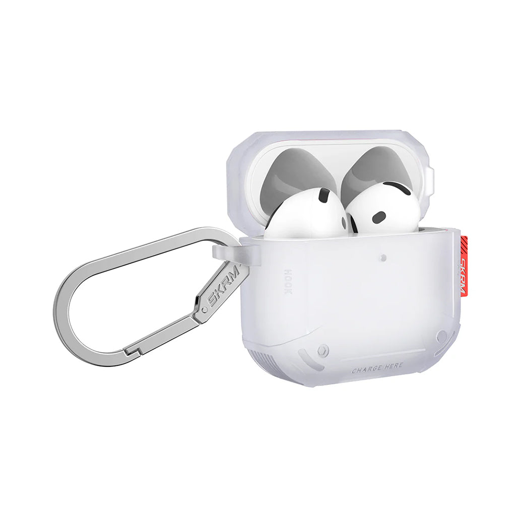 A Photo Of Skinarma MECHA CE AirPods 4 Case – Durable Retro-Futuristic Protection with Enhanced Grip & Wireless Charging Support