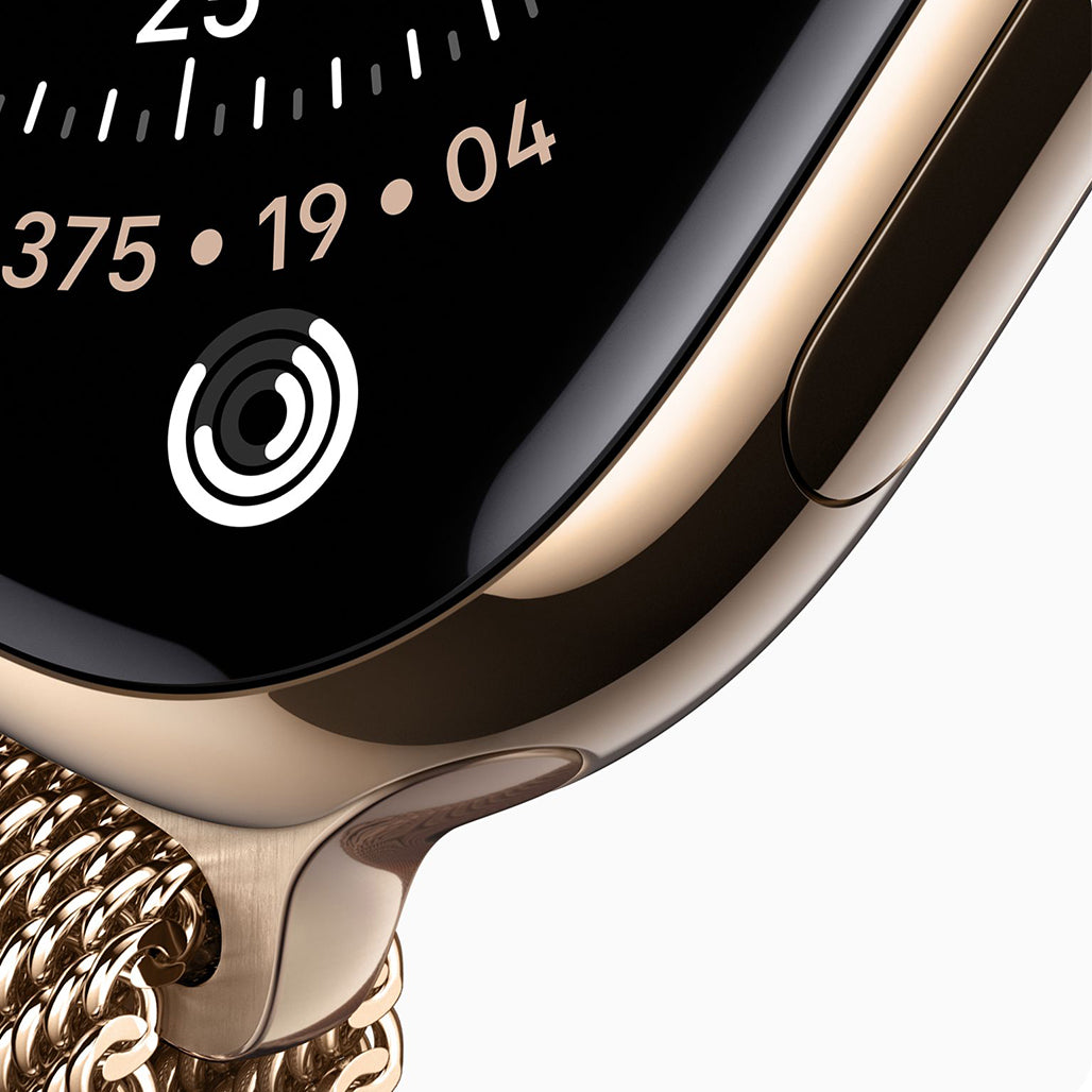A Photo Of Apple Watch Series 11 - 46mm Titanium Case with Gold Milanese Loop - M/L