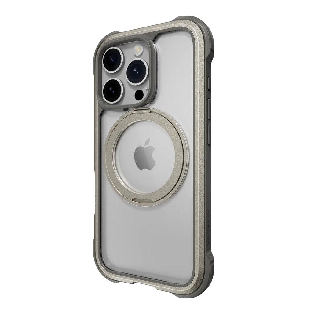 A Photo Of Mageasy Odyssey M360 Magnetic iPhone 16 Pro Titanium Stand Case – 360° Rotating, MagSafe Compatible, Military-Grade Protection