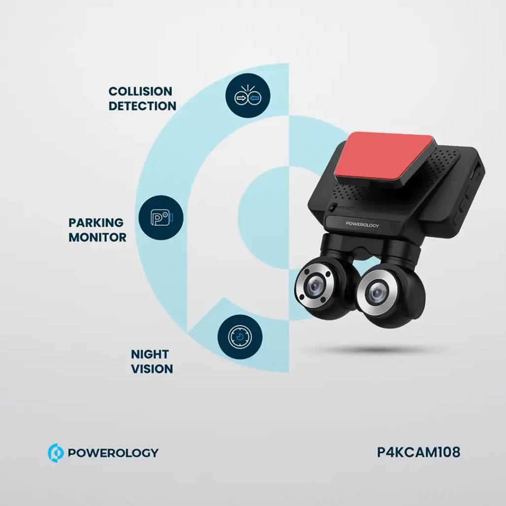 A Photo Of Powerology Dual Lens 4K Dash Camera with Night Vision & Parking Monitor – Black