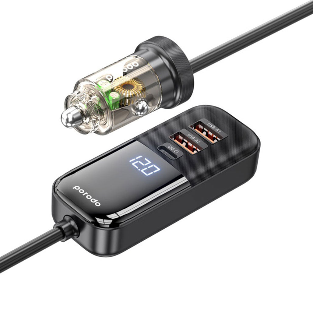 A Photo Of Porodo 120W Transparent Multi Port Car Charger with Rear Expansion - Black