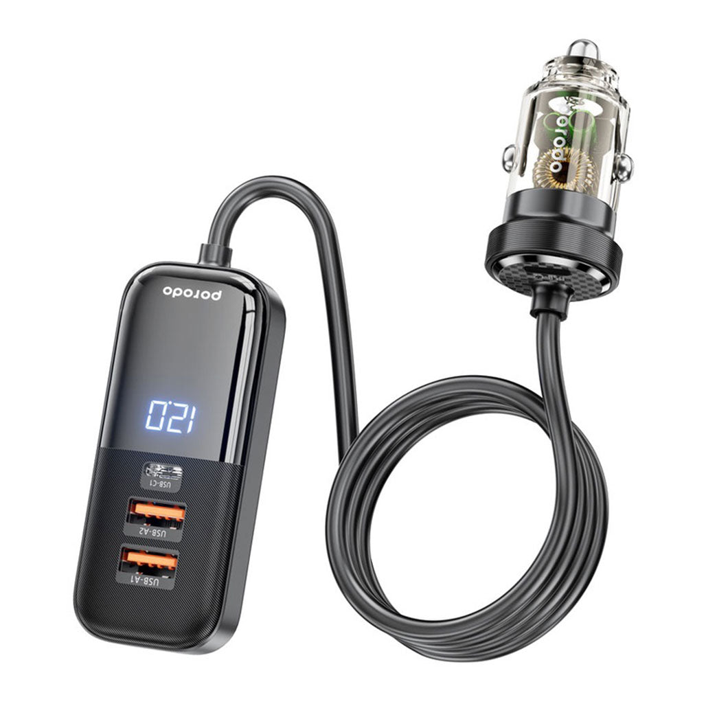 A Photo Of Porodo 120W Transparent Multi Port Car Charger with Rear Expansion - Black