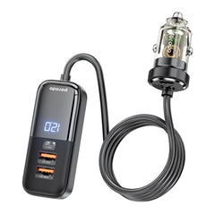 A Photo Of Porodo 120W Transparent Multi Port Car Charger with Rear Expansion - Black