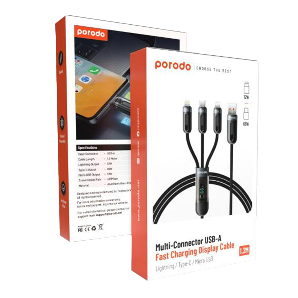 A Photo Of Porodo 3-IN-1 Digital-Display Fast Charging 1.2M Cable A to C+L+M - Black