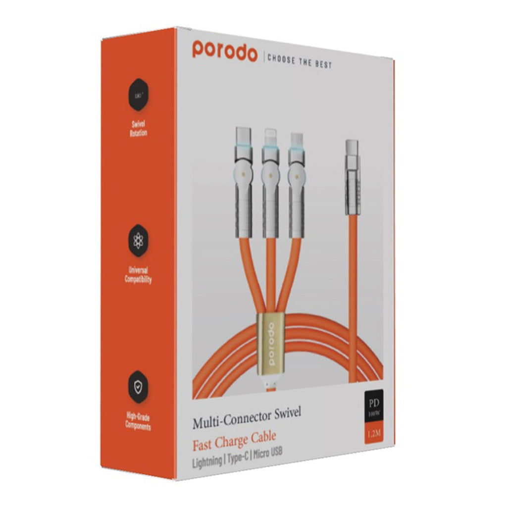 A Photo Of Porodo PD100W 3-in-1 Cable 180 Degrees Rotation: 1.2M - Orange