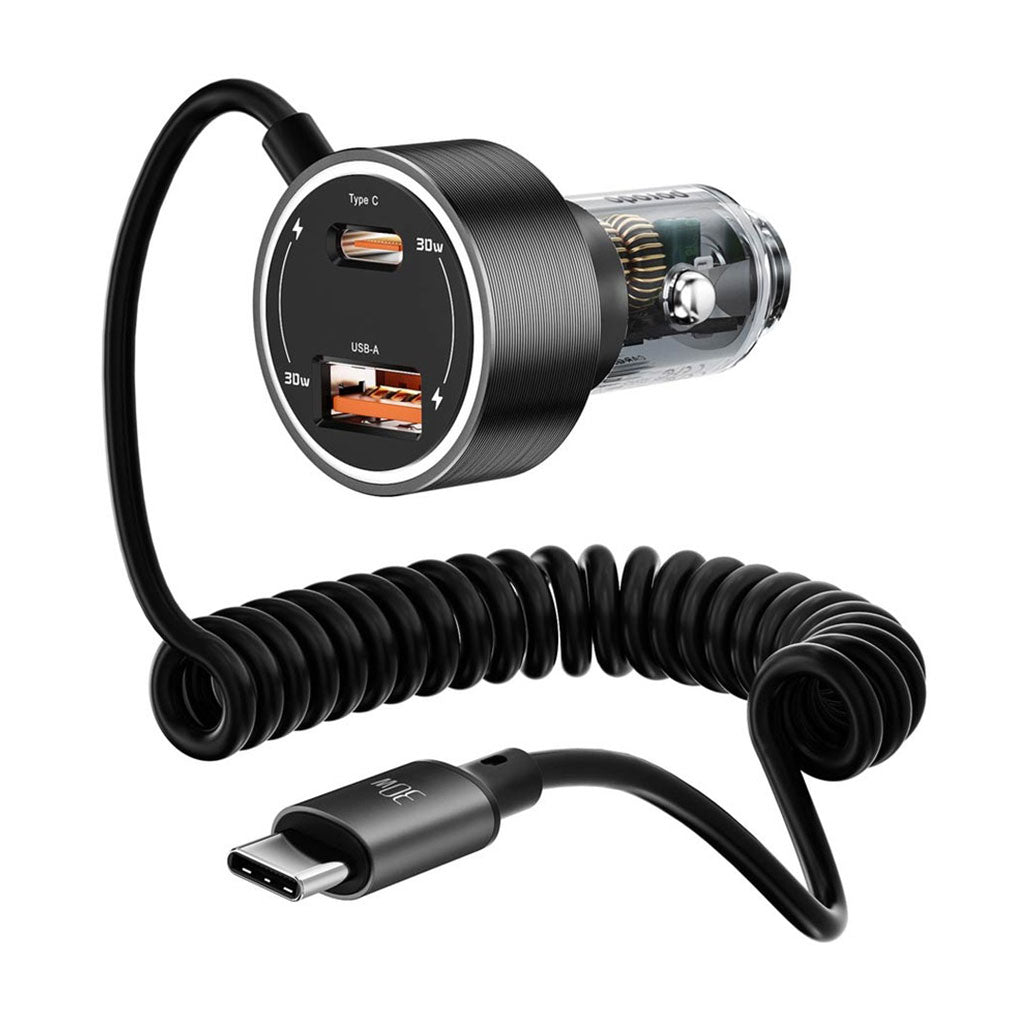 A Photo Of Porodo 60W Transparent Dual Port Car Charger PD 30W QC 18W with Coil- Black