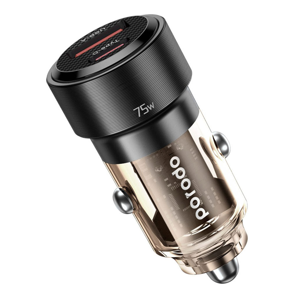 A Photo Of Porodo 75W Transparent Dual Port Car Charger PD 45W QC 30W - Black