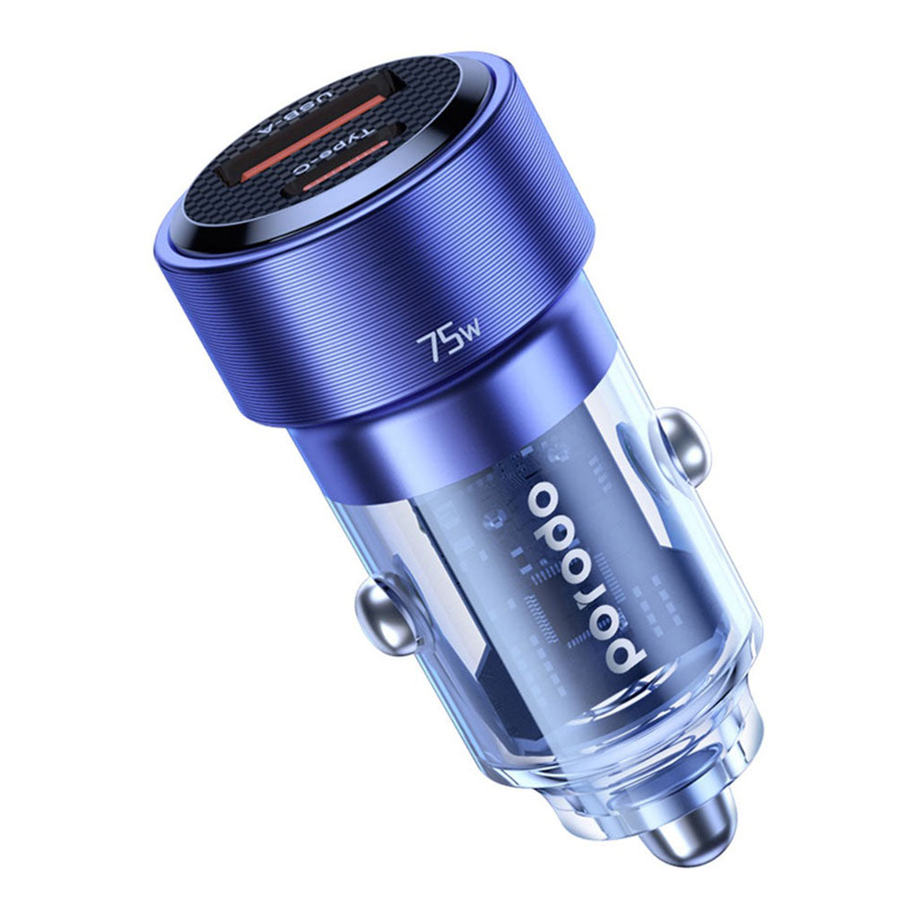 A Photo Of Porodo 75W Transparent Dual Port Car Charger PD 45W QC 30W - Blue