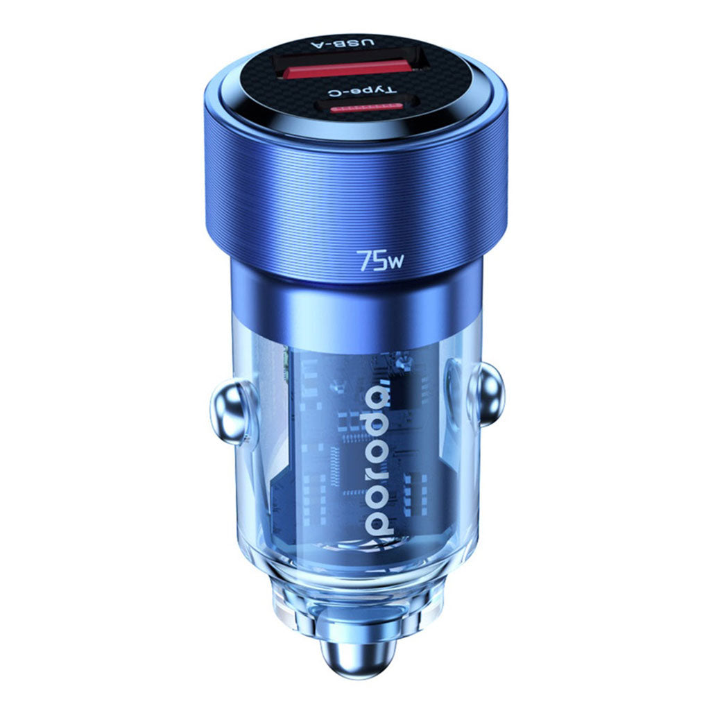 A Photo Of Porodo 75W Transparent Dual Port Car Charger PD 45W QC 30W - Blue