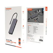 Porodo 9-in-1 USB-C Hub with 100W PD, 4K HDMI, Ethernet, SD Card, USB 3.2, and 3.5mm Aux - Gray