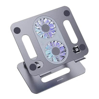 Porodo Aluminum Alloy Adjustable Laptop Stand with Dual Cooling Fans - Grey, Foldable Design for 14" to 17.3" Devices