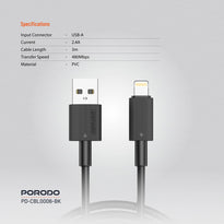 Porodo USB-A to Lightning Durable 3M Fast Charging Cable with 2.4A Current and 480Mbps Data Transfer