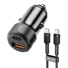 A Photo Of Porodo 50W Dual Port Car Charger PD 20W QC 30W with C to C Cable - Black