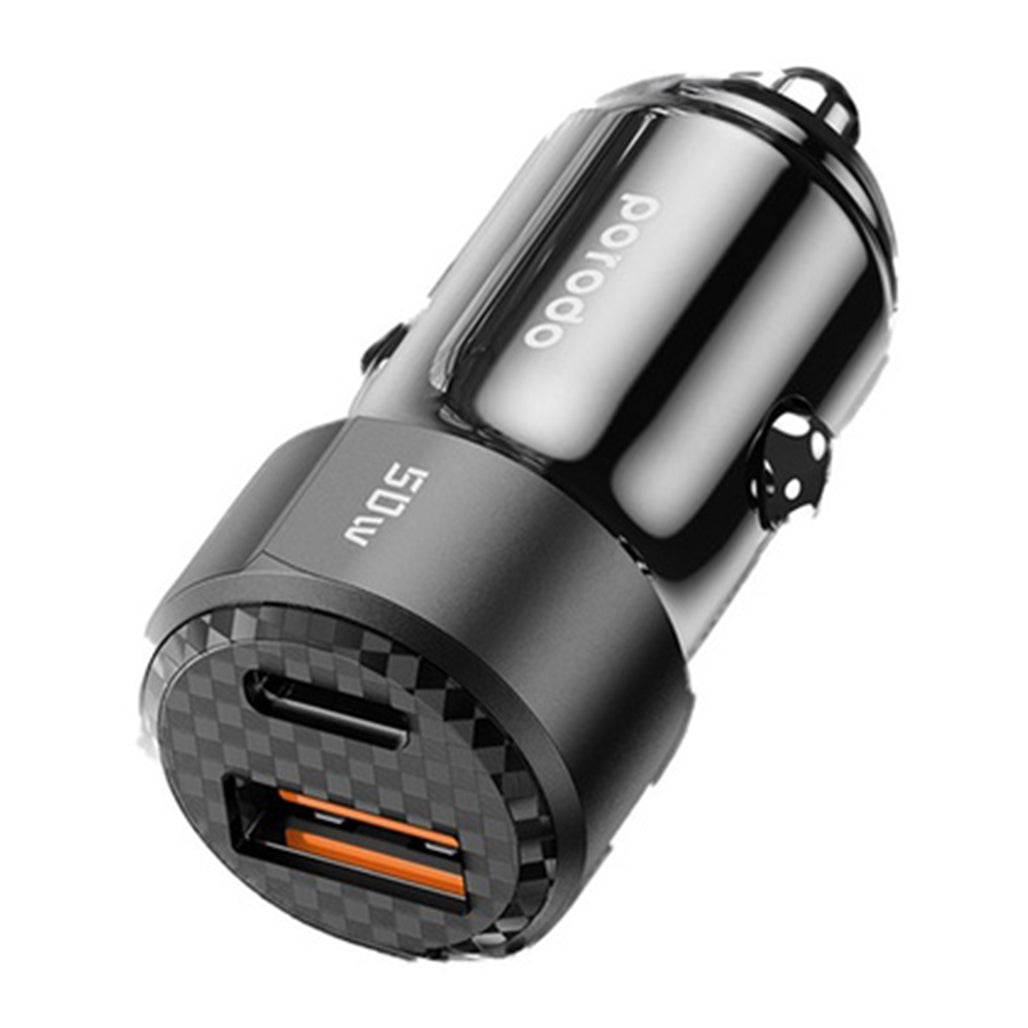 A Photo Of Porodo 50W Dual Port Car Charger PD 20W QC 30W with C to L Cable - Black