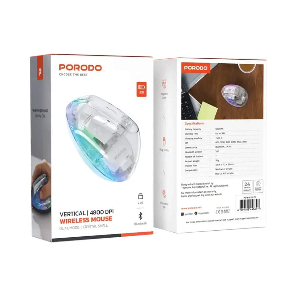 A Photo Of Porodo Vertical Wireless Mouse 4800 DPI - Transparent
