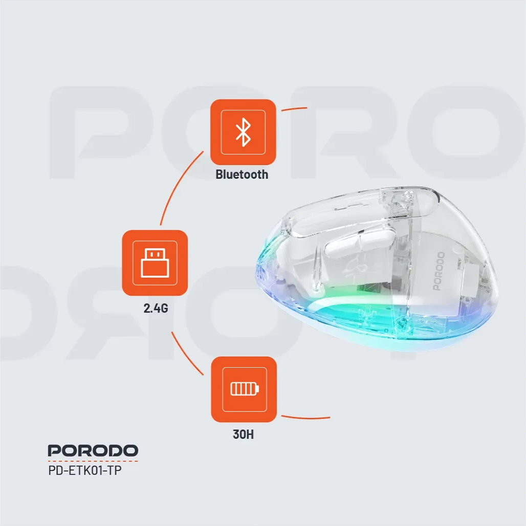 A Photo Of Porodo Vertical Wireless Mouse 4800 DPI - Transparent