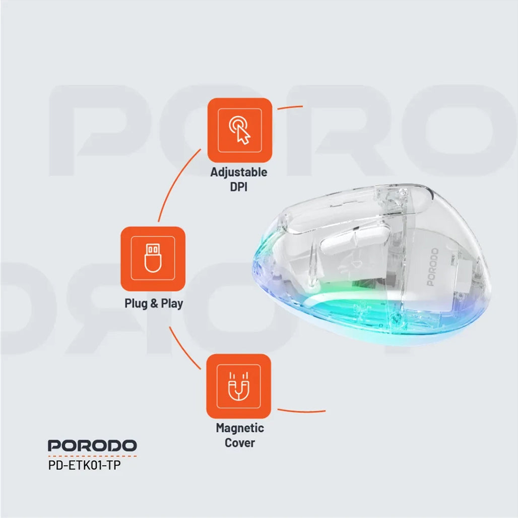 A Photo Of Porodo Vertical Wireless Mouse 4800 DPI - Transparent