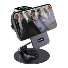 A Photo Of Porodo Wireless Charging Rotating Stand - Black | 360° Adjustable Multi-Device Charger