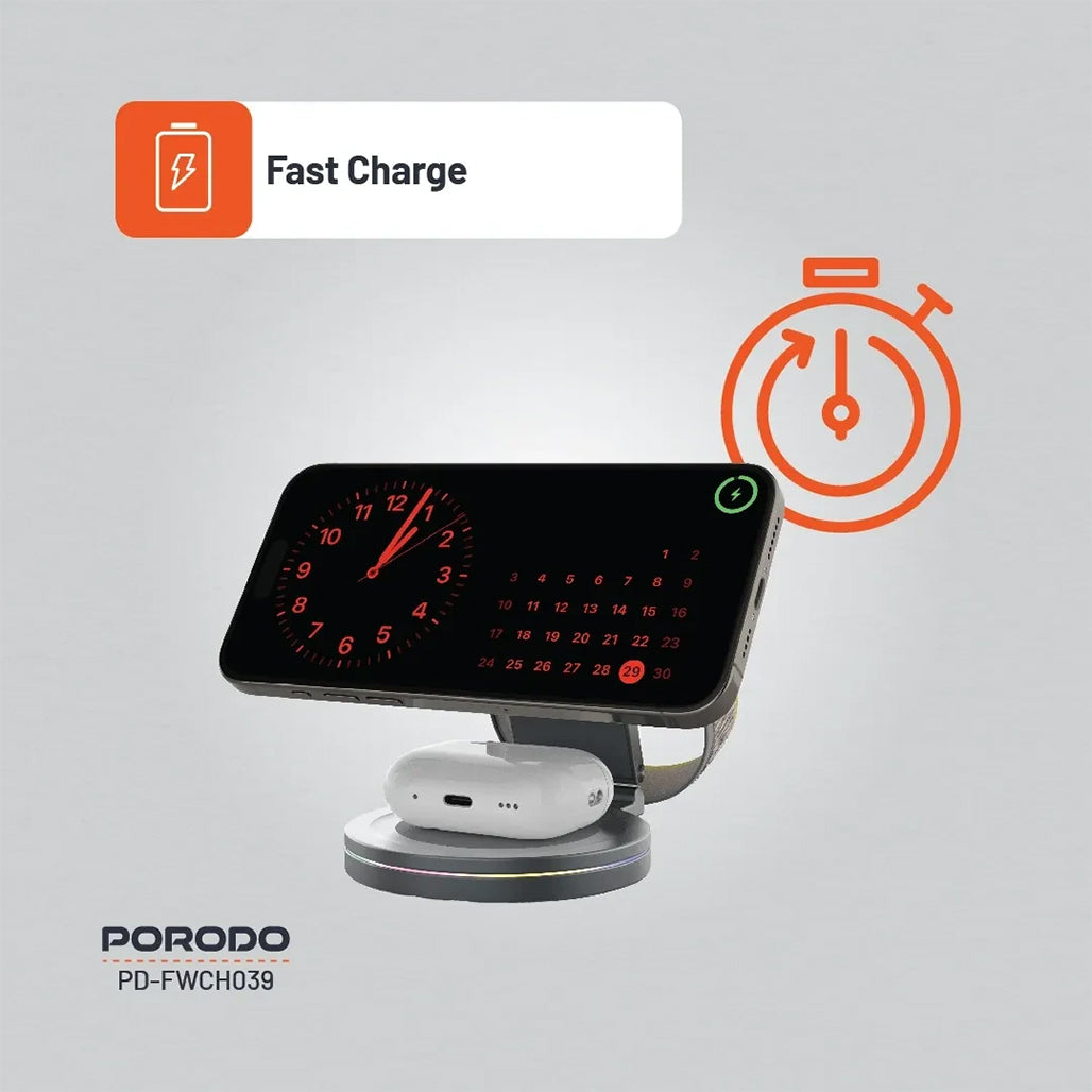 A Photo Of Porodo Rotating Base Three-Device Wireless Charger – Gray