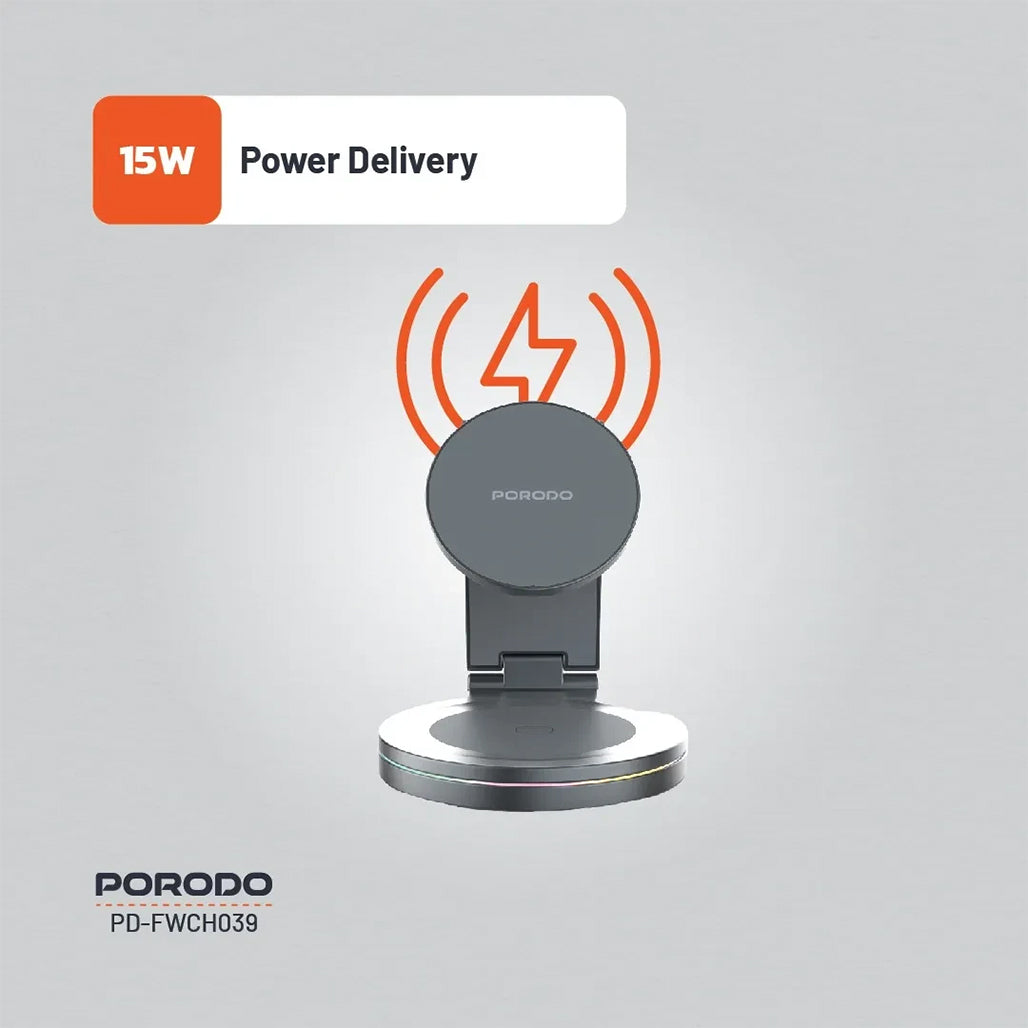 A Photo Of Porodo Rotating Base Three-Device Wireless Charger – Gray