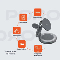 A Photo Of Porodo Rotating Base Three-Device Wireless Charger – Gray