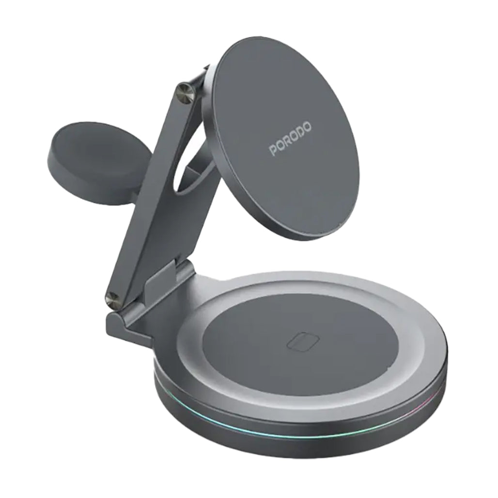 A Photo Of Porodo Rotating Base Three-Device Wireless Charger – Gray