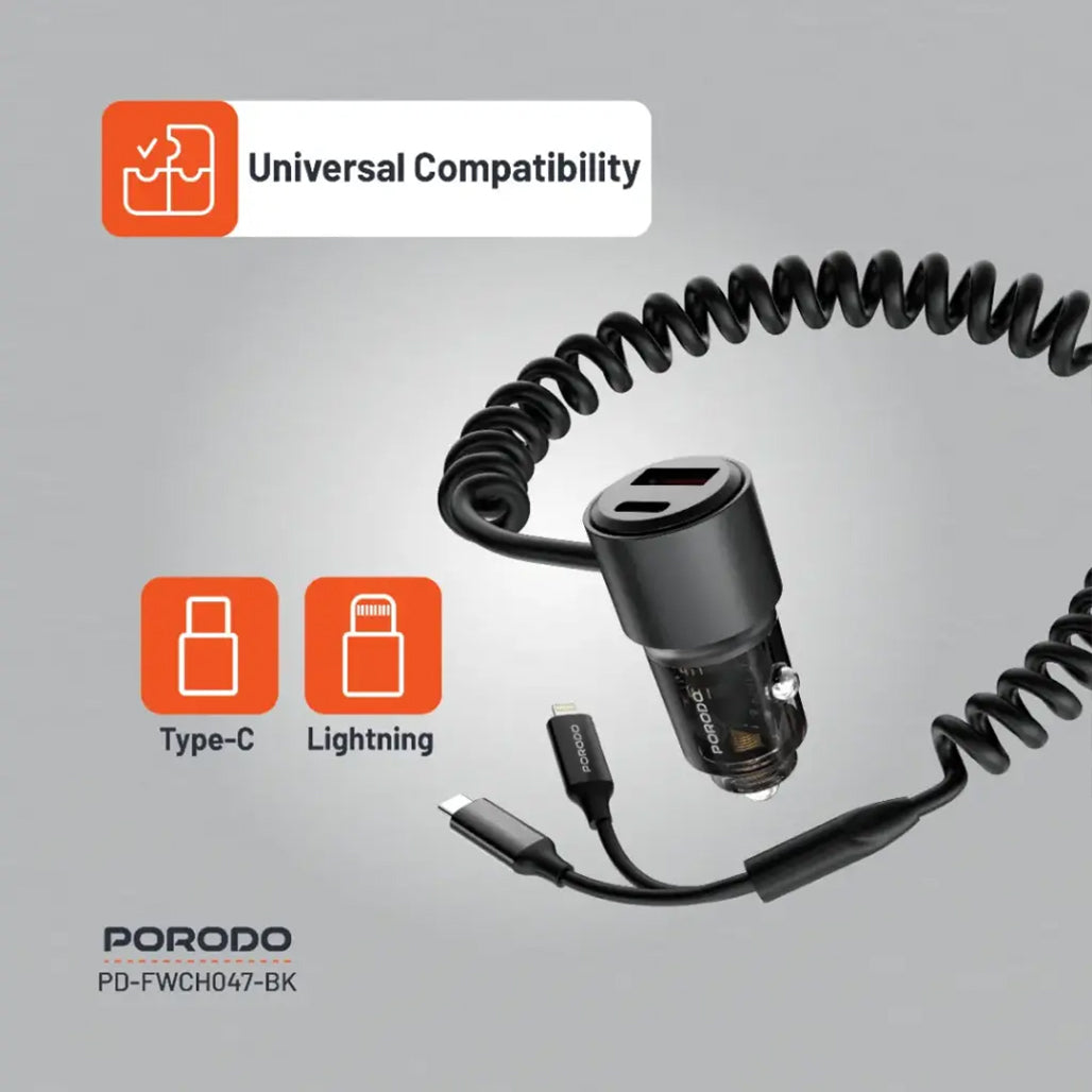 A Photo Of Porodo 95W High-Speed Multi-Device Car Charger - Black with USB-C, USB-A, Built-in Cables, and Lightning Compatibility