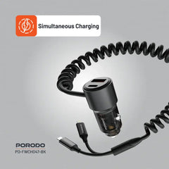 A Photo Of Porodo 95W High-Speed Multi-Device Car Charger - Black with USB-C, USB-A, Built-in Cables, and Lightning Compatibility