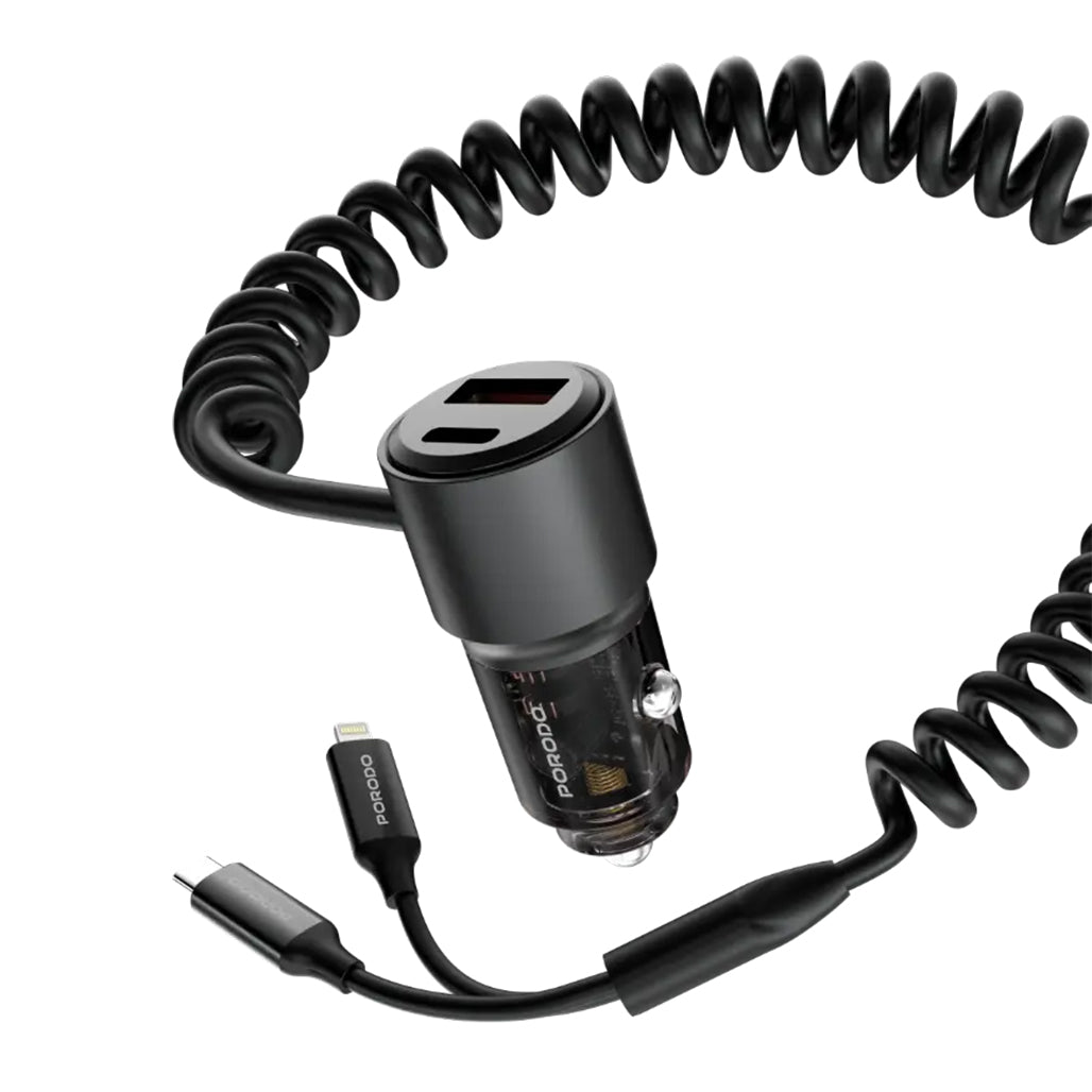 A Photo Of Porodo 95W High-Speed Multi-Device Car Charger - Black with USB-C, USB-A, Built-in Cables, and Lightning Compatibility