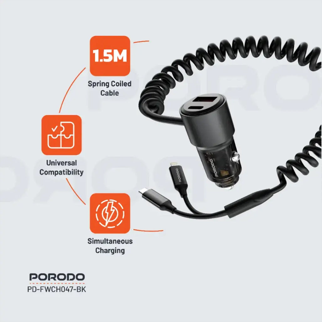 A Photo Of Porodo 95W High-Speed Multi-Device Car Charger - Black with USB-C, USB-A, Built-in Cables, and Lightning Compatibility
