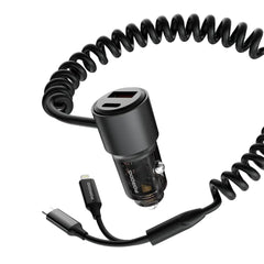 A Photo Of Porodo 95W High-Speed Multi-Device Car Charger - Black with USB-C, USB-A, Built-in Cables, and Lightning Compatibility