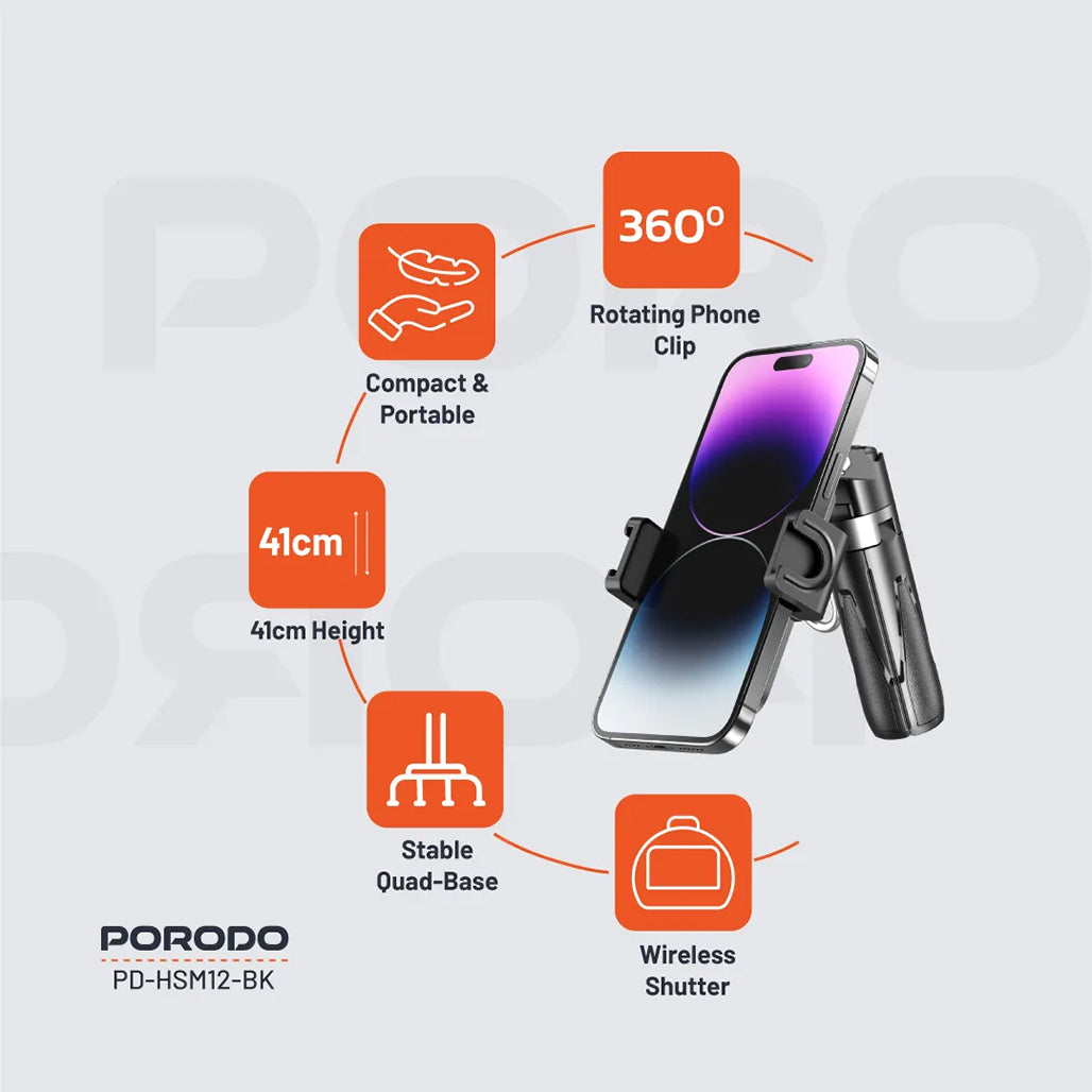 A Photo Of Porodo Foldable Selfie Stick with Extendable Tripod - Compact, Durable, and Wireless for Perfect Shots