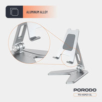 Porodo Silver Aluminum Mobile Stand for 4"–8" Phones – Foldable, Adjustable, Non-Slip