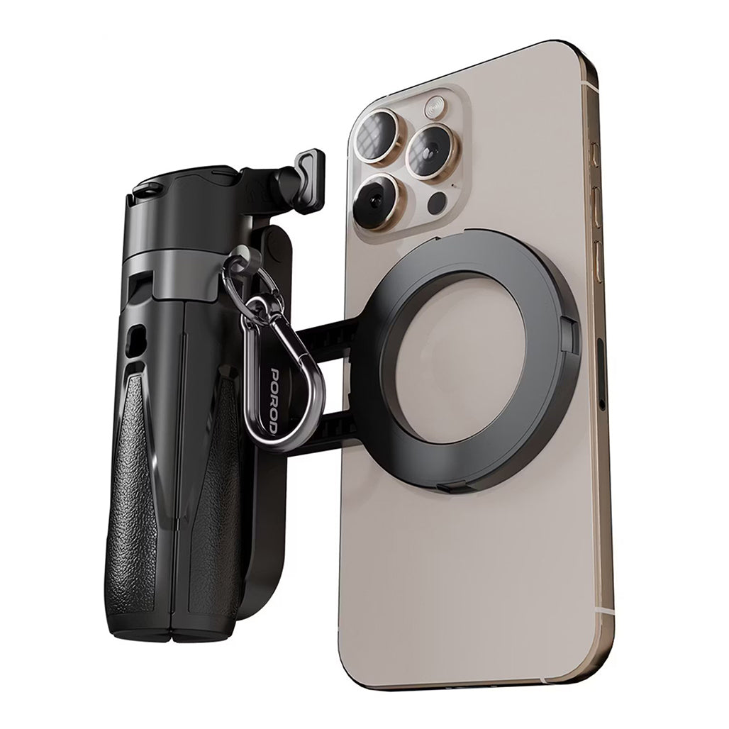 A Photo Of Porodo Quad Base Selfie Stick with 360° Rotation, Magnetic Mount, Wireless Shutter & Stable Aluminum Base – Black