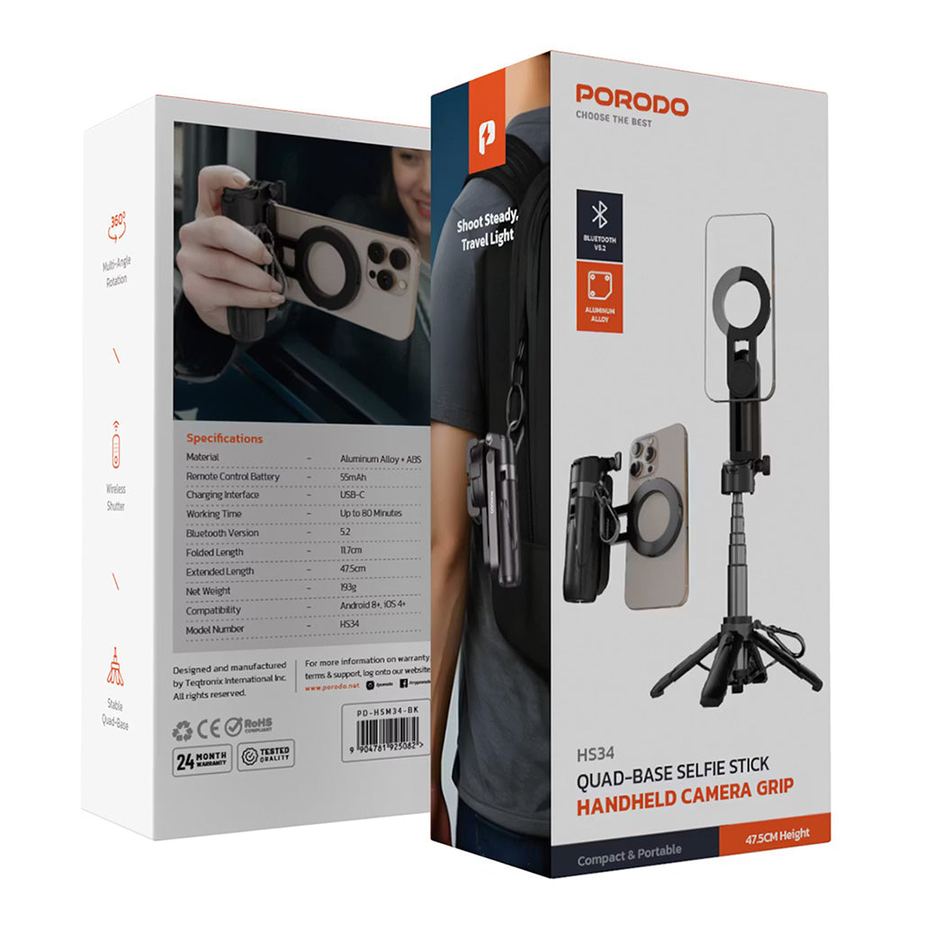 A Photo Of Porodo Quad Base Selfie Stick with 360° Rotation, Magnetic Mount, Wireless Shutter & Stable Aluminum Base – Black