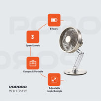 Porodo Lifestyle Metal Desk Fan - Gray | Compact, Rechargeable, and Adjustable Cooling Solution