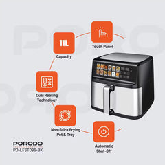 A Photo Of Porodo 11L Dual Mode Touch Control Air Fryer – Black