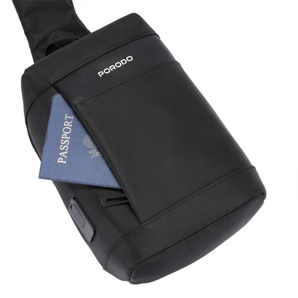 A Photo Of Porodo Crossbody Bag - Black | Water-Resistant, PD 40W Fast Charging, Adjustable Strap & Secure Storage