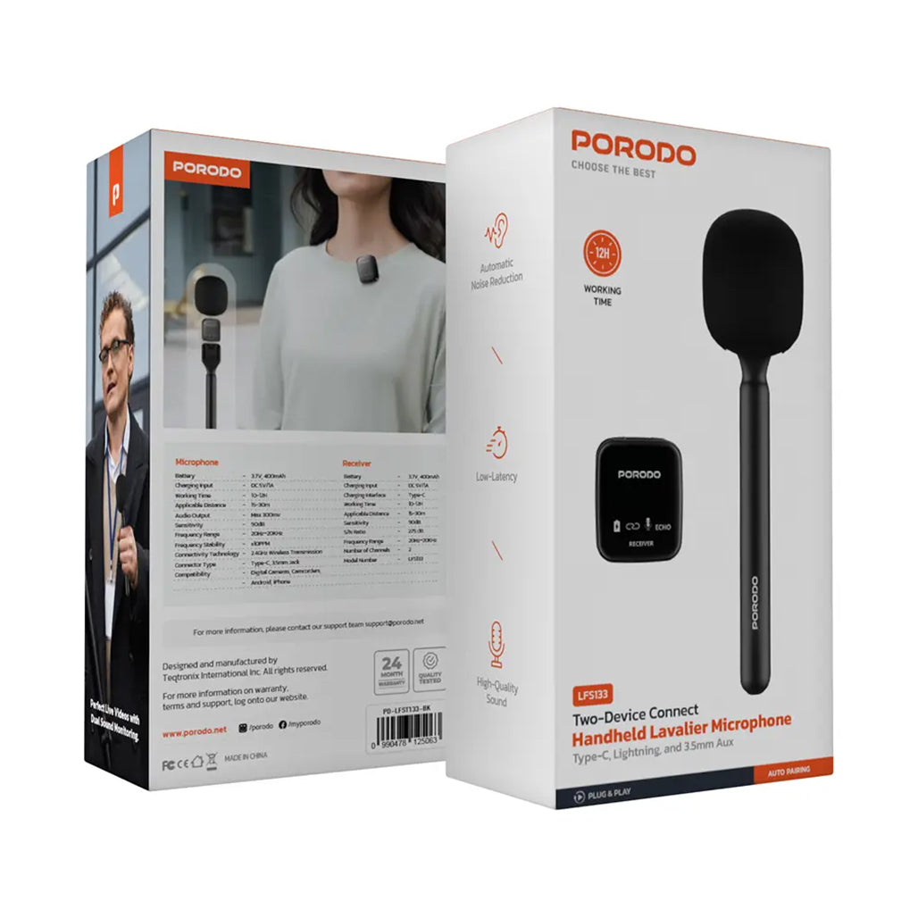 A Photo Of Porodo Dual Wireless Lavalier Microphone - Black