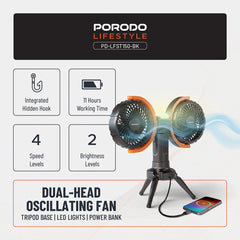A Photo Of Porodo Dual-Head Oscillating Fan – Rechargeable 8000mAh Battery, 4 Speed Settings, USB-C – Black