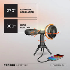 A Photo Of Porodo Dual-Head Oscillating Fan – Rechargeable 8000mAh Battery, 4 Speed Settings, USB-C – Black