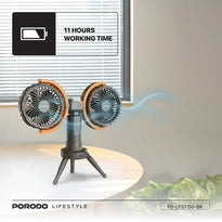 Porodo Dual-Head Oscillating Fan – Rechargeable 8000mAh Battery, 4 Speed Settings, USB-C – Black