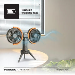 A Photo Of Porodo Dual-Head Oscillating Fan – Rechargeable 8000mAh Battery, 4 Speed Settings, USB-C – Black