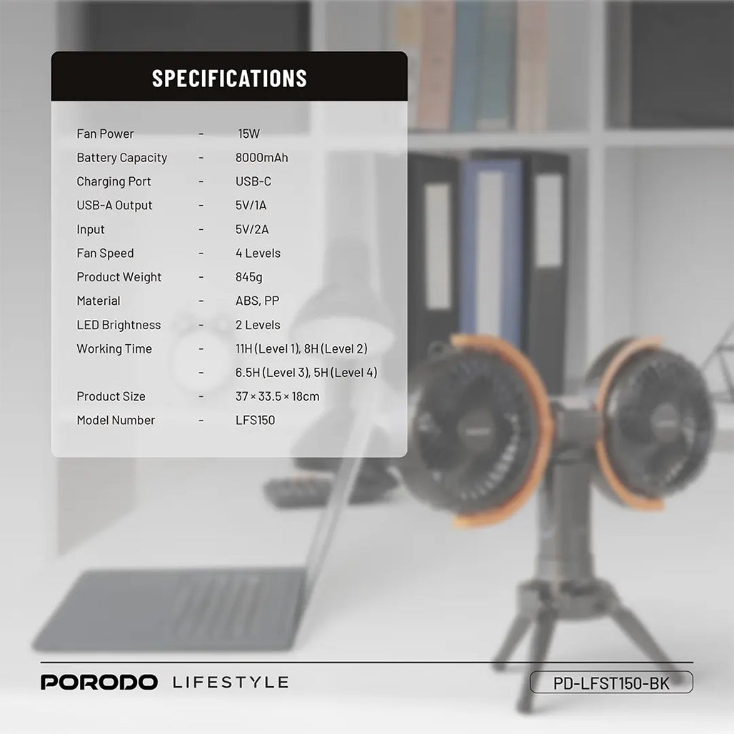 A Photo Of Porodo Dual-Head Oscillating Fan – Rechargeable 8000mAh Battery, 4 Speed Settings, USB-C – Black