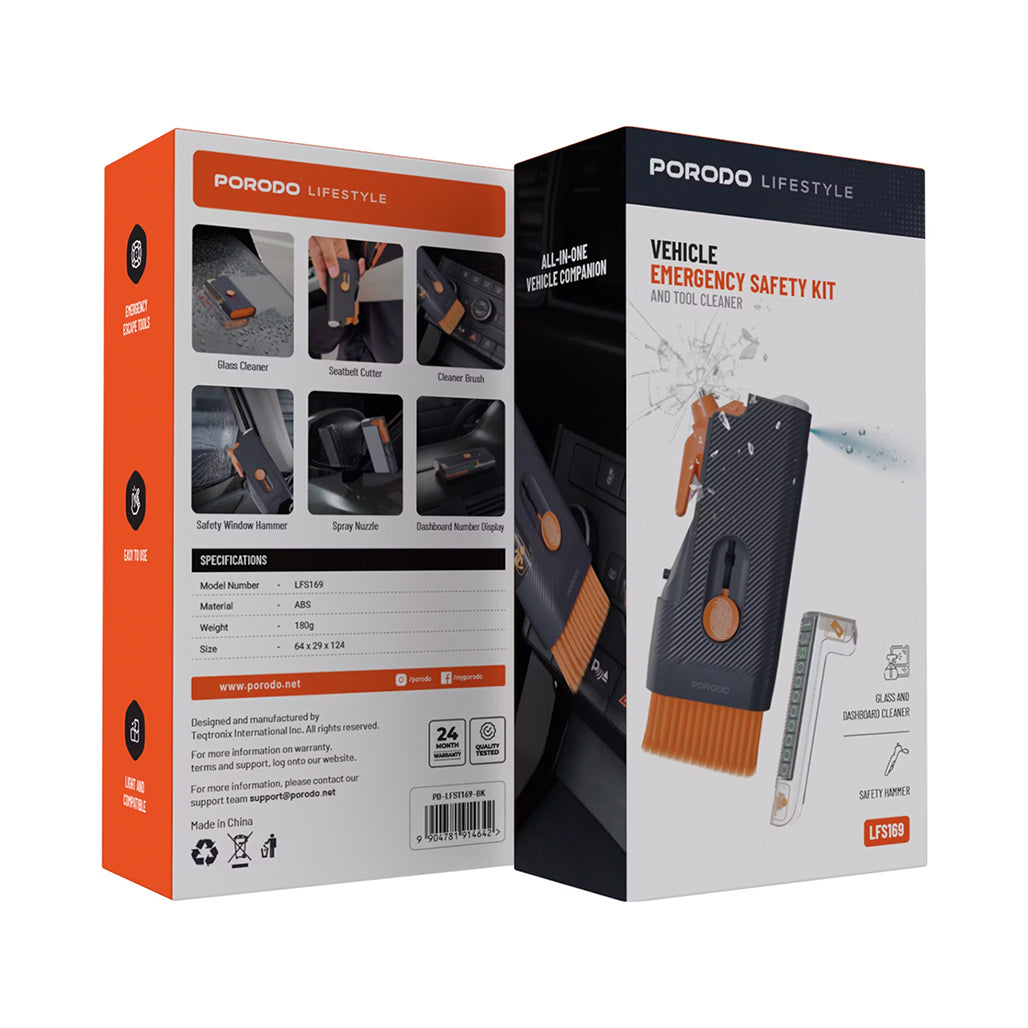 A Photo Of Porodo Lifestyle Multi-Purpose Emergency Car Safety & Cleaning Kit – Compact & Portable – Black